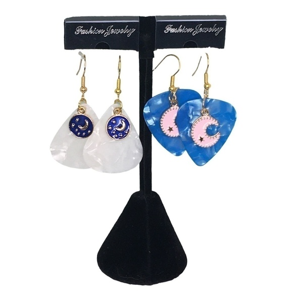 𝅺2 PAIR Earrings Recycled Guitar Picks Moon Stars Celestial Theme - Picture 1 of 5